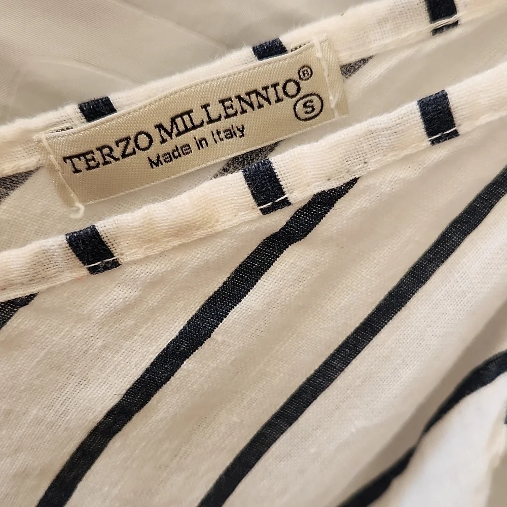 Terzo Millennio Blue/white  Striped Linen asymmetrical Hem Midi Dress S Oversize